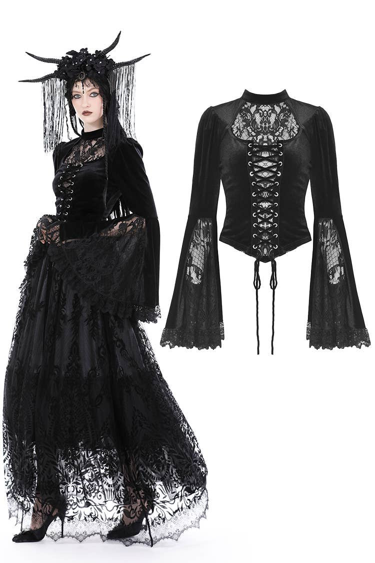 Lace up velvet mock neck top