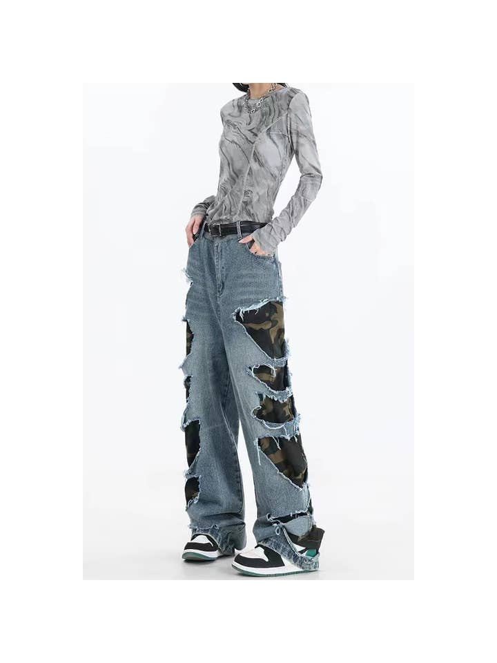 Distressed denim camo pants