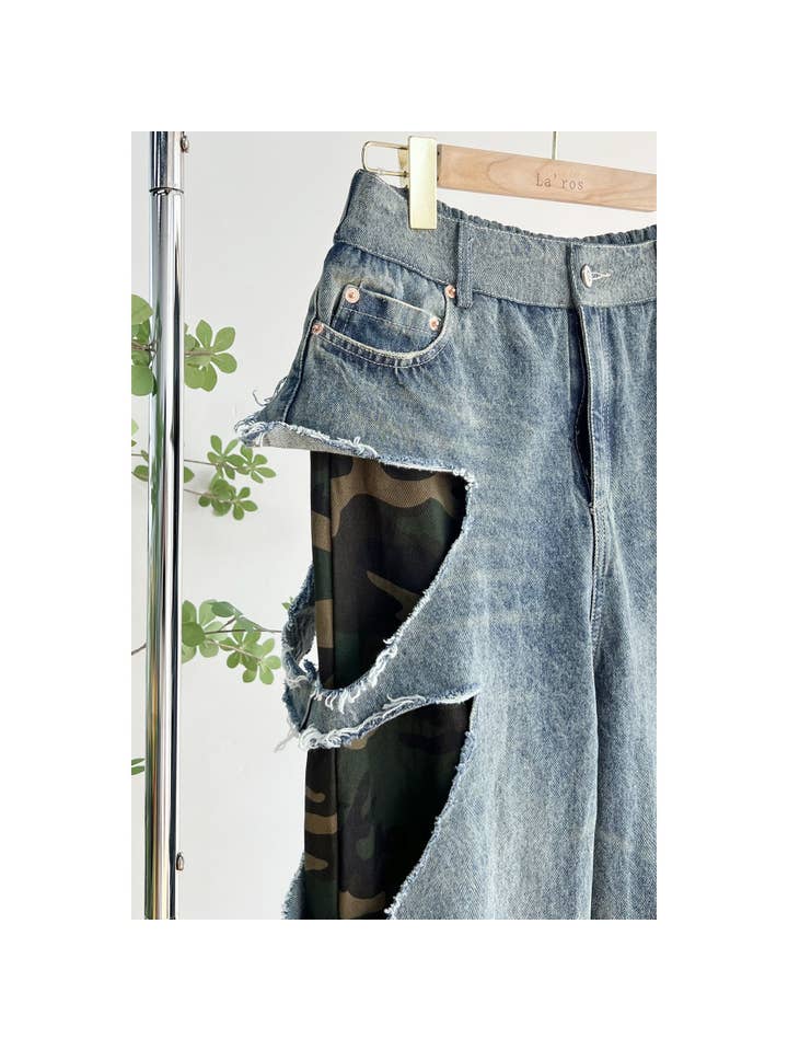 Distressed denim camo pants